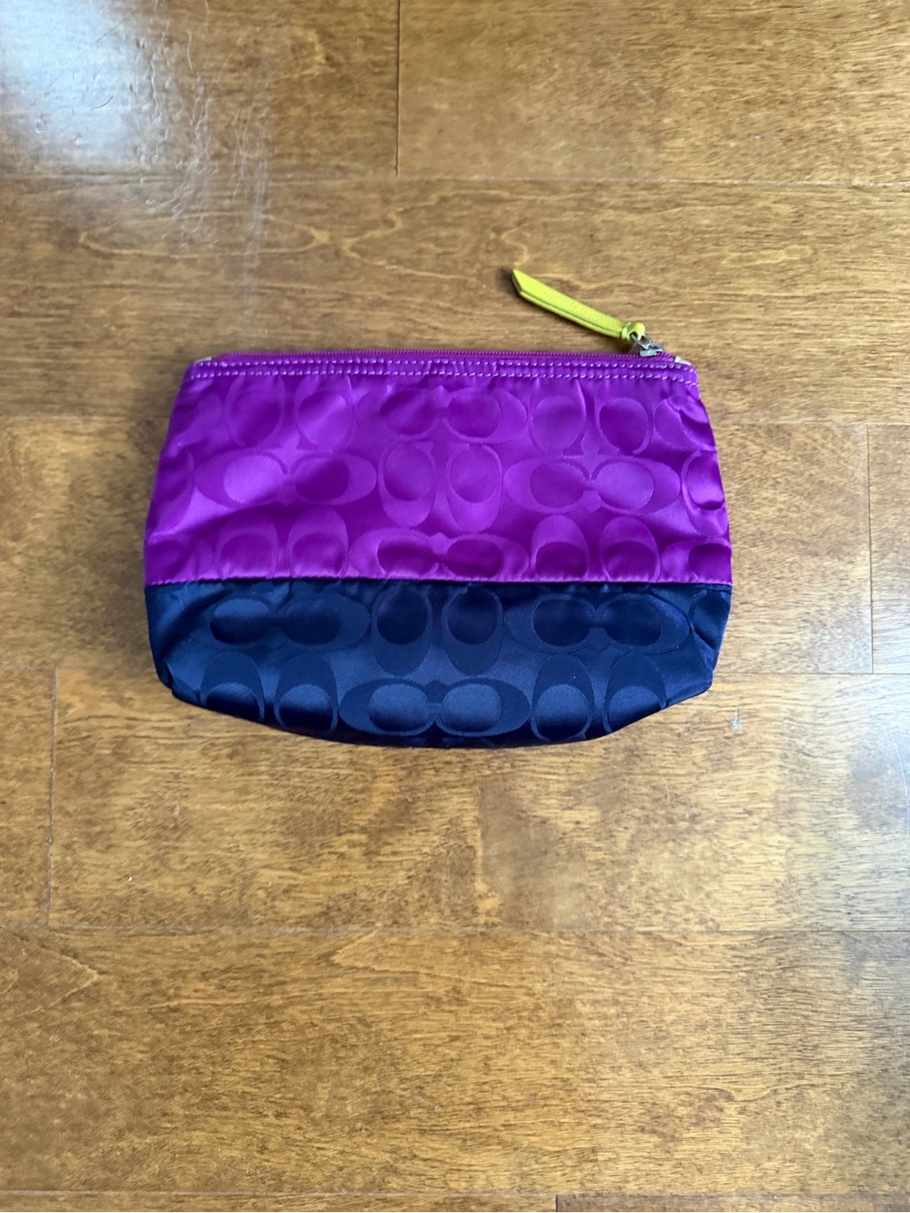 Coach Two-Tone Satin Logo Cosmetic Pouch in Purple, Navy & Neon Yellow - Picture 7 of 11